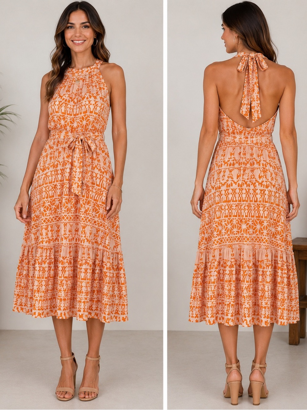 BTFBM Women’s Small Orange Peach Geometric Halter Tie Waist Midi Dress